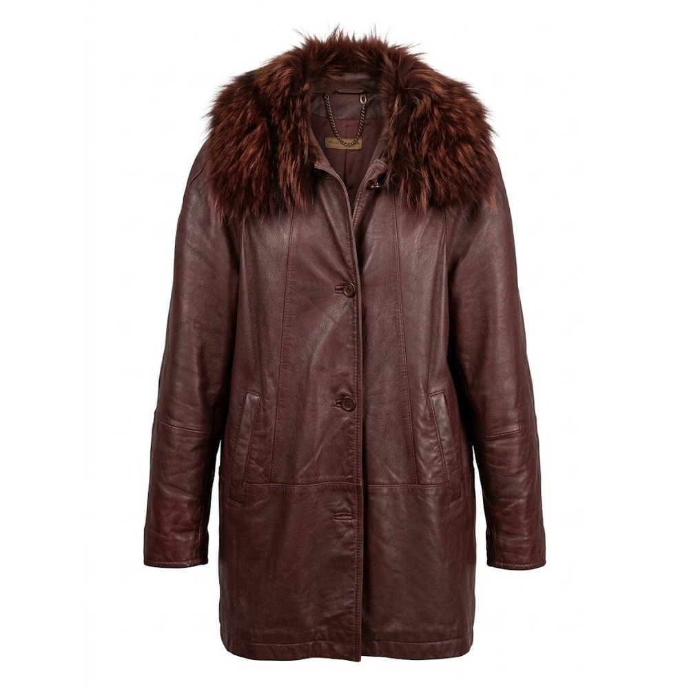 Privilege Leather Coat Womens 42 Burgundy Fox Fur Collar Vintage Italian Leather